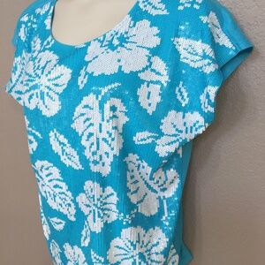 Michael Kors Women's Blue/White Sequin Floral Crew Neck Cap Sleeve Top